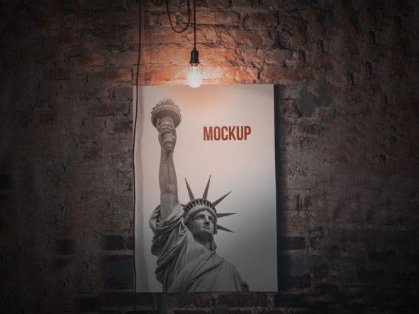 Poster in Dim Light with Bulb PSD Mockup