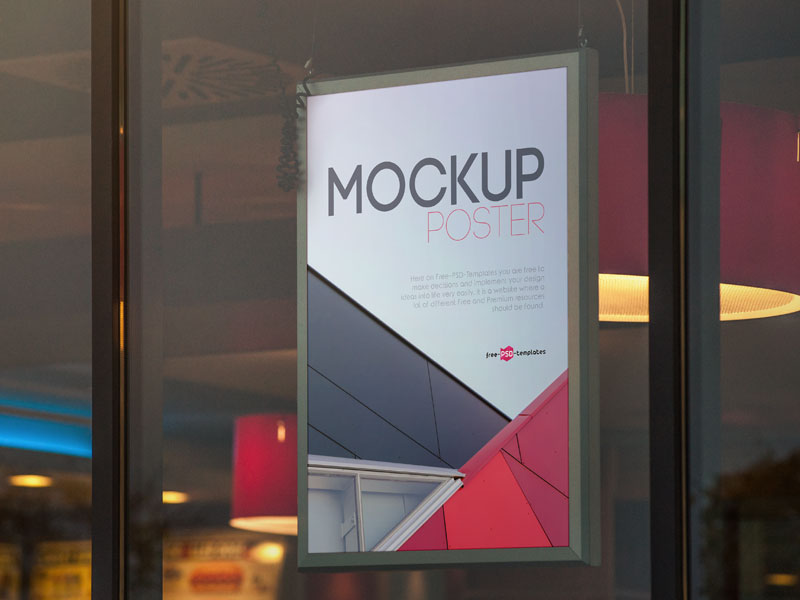 Download Poster Hanging on Glass PSD Mockup | MockupsQ