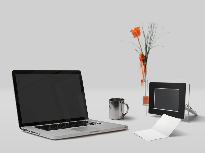Apple MacBook With Frame and Card Psd Mockup