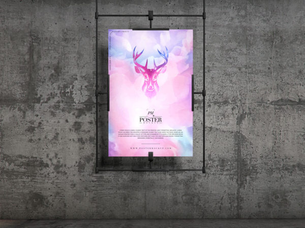 Poster Hanging on Concrete Wall PSD Mockup