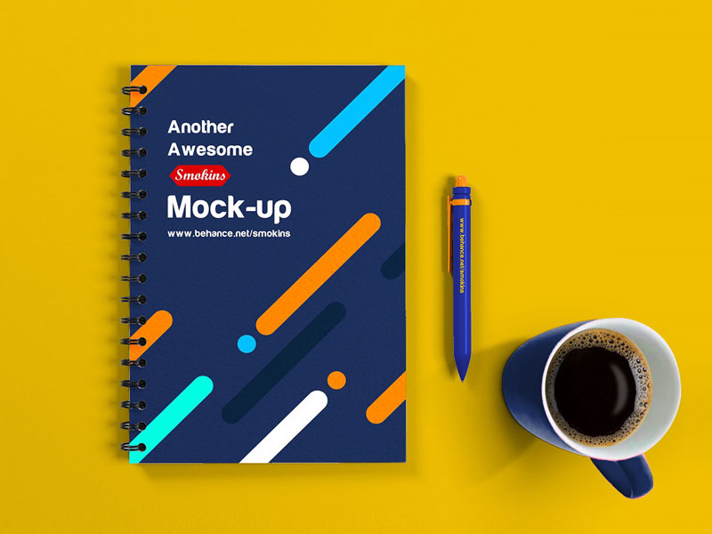 Notebook with Coffee Cup PSD Mockup