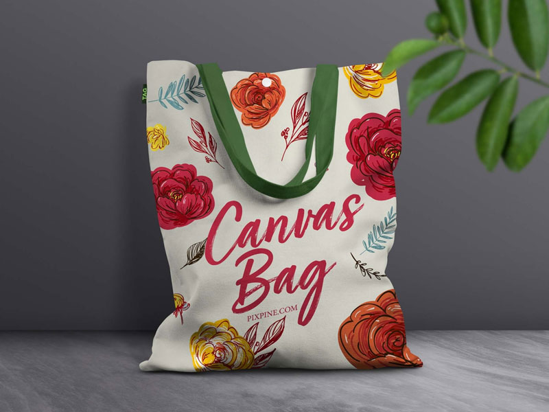 Canvas Bag With Leaves PSD Mockup