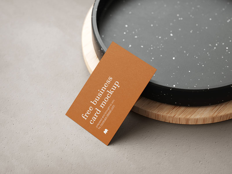 Business Cards with Bowl and Wood PSD Mockup