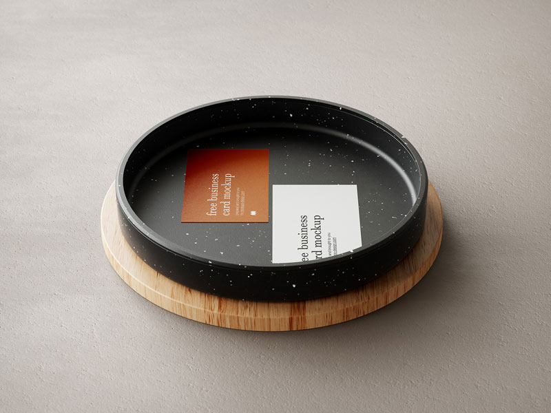Business Cards with Bowl and Wood PSD Mockup